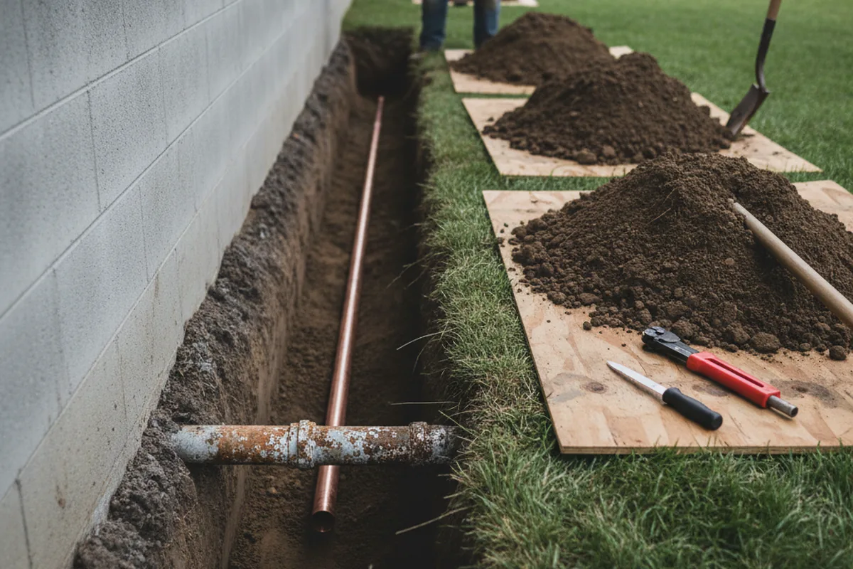 Excavated water line trench during Water Heater Repair in Eagle